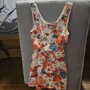 Three Hearts Cream Floral Print Ribbed Fit-and-Flare Dress